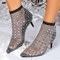 8 Women Hollow Out Full Sandals Rhinestone Mesh Summer Ankle Boots Pointed Toe Fashion Sexy Socks Cool Shoes Cowboy Spring Autumn Aiertu