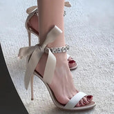 AIERTU - Luxury Rhinestore Ankle Strap Super High Heel Sandals Women Summer Elegant Beige Ribbon Bowknot Wedding Shoes Stilettos Sandals Aiertu