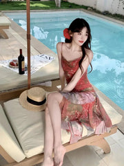 Aiertu DRESS TO IMPRESS Retro Red Floral Irregular Spaghetti Straps Ruffles Midi Dress Summer Holiday Club Party Elegant Sleeveless Women Mesh Sundress Aiertu
