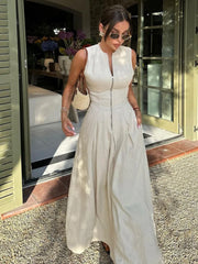 Aiertu Elegant Solid Sleeveless Women Maxi Dress Fashion V-neck Zipper Slim Cotton Linen Dresses 2024 Summer Office Lady Commuting Robe Aiertu
