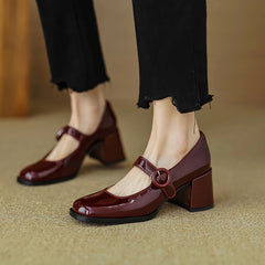 Women Pumps Thick Heels Spring Patent Leather Mary Janes Genuine Leather Round Toe Buckle Strap Retro Office Lady Shoes Woman Aiertu