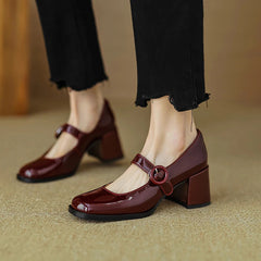 Aiertu Women Pumps Thick Heels Spring Patent Leather Mary Janes Genuine Leather Round Toe Buckle Strap Retro Office Lady Shoes Woman Aiertu