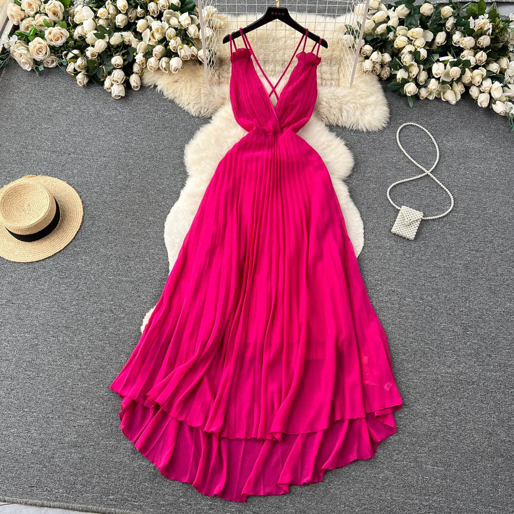 Aiertu Summer Sexy A Line Dress Deep V Neck Sling Cross Ruffles Backless Pleated Solid Women Elegant Evening Party Long Dress Aiertu
