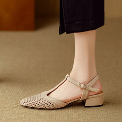 Women's New Spring/Summer Square Headed Genuine Leather Cowhide Hollow Breathable High Heel Large Headed Muller Sandals Aiertu