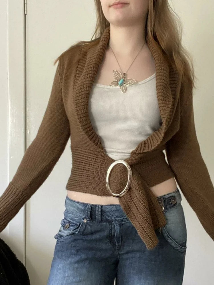 AIERTU - Brown Chunky Knit Shawl Collar Cardigan Long Sleeve Cropped Open Front Belted Daily Casual Streetwear Chunky Rib Cardigan Aiertu