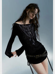 Aiertu Black Gothic Print Graphic Tees Off Shoulder T Shirt Women Clothes Long Sleeve Streetwear Lace Up Autumn Ladies Tops Y2k Aiertu