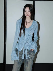 Aiertu Style Blue Blouse Women Long Sleeve Turn-down Collar Women Shirt Lace Up Ladies Tops Korean Fashion Chic Aiertu