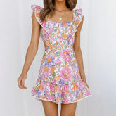 AIERTU - Floral Print Mini Dress For Women Ruffle Strap Square Neck Open Back Tie Bow Ruffle Hem Skirt Lady's Dating Vacation Frock Aiertu
