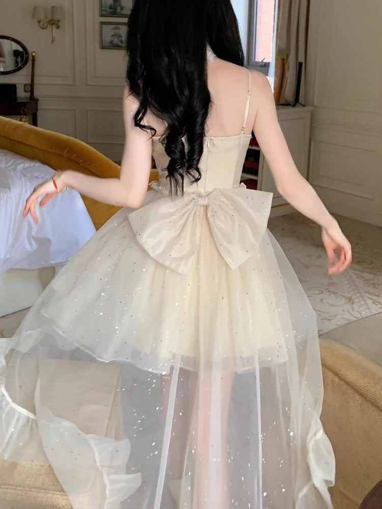 Aiertu Sweet Japanese Sequined Slip Dress Women Mesh Patchwork Sexy Princess Mini Dress Female 2024 Summer Casual Elegant Party Dresses Aiertu