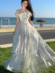 Aiertu French Vintage Bohemian Beige Print Ruffles Slip Long Dresses Summer Elegant Lady Off Shoulder Party Evening Dress Vestidos Robe Aiertu