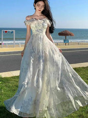 Aiertu French Vintage Bohemian Beige Print Ruffles Slip Long Dresses Summer Elegant Lady Off Shoulder Party Evening Dress Vestidos Robe Aiertu