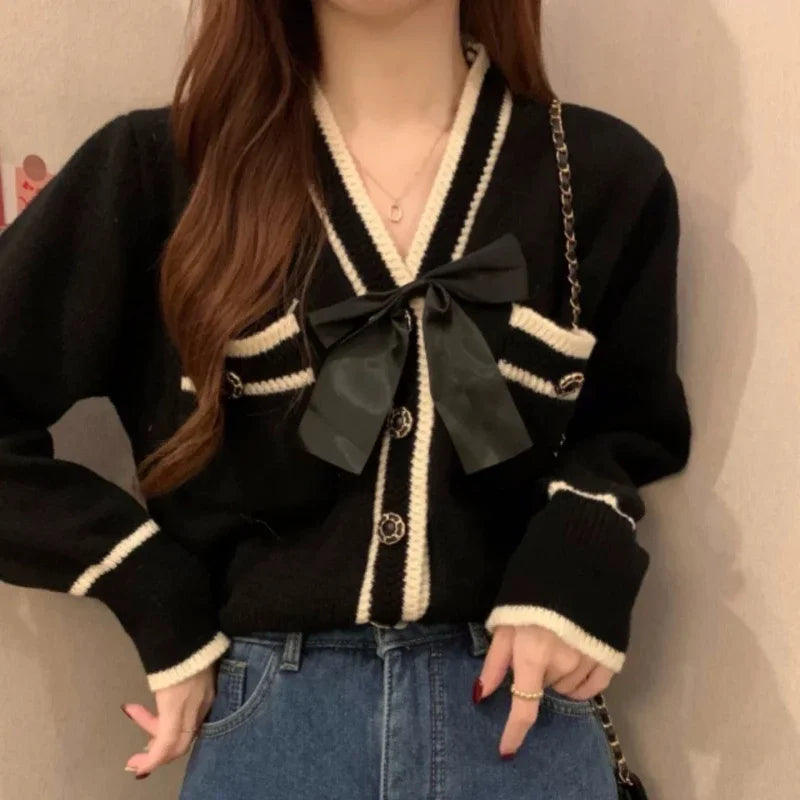 Aiertu Coquette Bow Cardigan Sweater Woman Elegant Knitted Tops Korean Fashion Sweet Cute Autumn Winter Long Sleeve Sweaters Aiertu