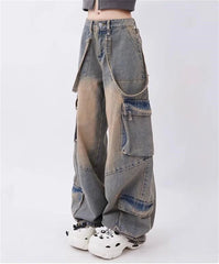 Aiertu Y2k Cargo Jeans Pants Women Rave Pants Street Oversize Loose Wide-leg Pockets Female Pant Vintage Hip Hop Denim Trousers Aiertu