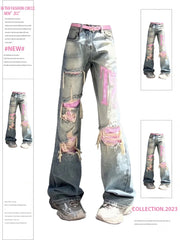 Aiertu Women's Vintage Blue Ripped Jeans Baggy Denim Trousers 2000s High Waist Korean Y2k Streetwear Female Punk Wide Leg Pants Clothes Aiertu