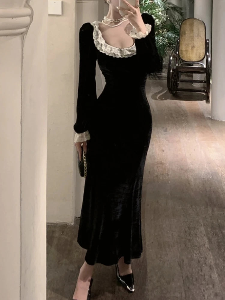 Aiertu Autumn Women Vintage Chic Velvet Black Dress Long Sleeve Bodycon Evening Party Dresses Female Fashion Chic Prom Vestidos Mujers Aiertu