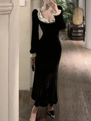 Aiertu Autumn Women Vintage Chic Velvet Black Dress Long Sleeve Bodycon Evening Party Dresses Female Fashion Chic Prom Vestidos Mujers Aiertu