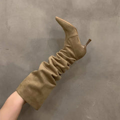 Sexy High Heel Women Knee High Boots Fashion Pleated Slip On Shoes Autumn Winter Ladies Knight Long Booties Aiertu