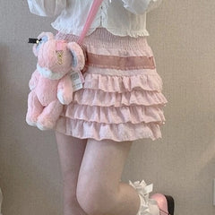 Lolita Cake Mini Skirts Women Japanese A-line High Waist Pleated Skirt Girly Kawaii Love Y2k Layered Skirts Fairy Outfit Aiertu