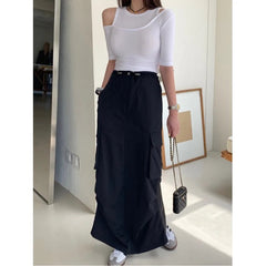 AIERTU - Fashionable Korean Style Pure Color Drawstring Work Skirt High Waist H-Shape Loose Fit Commute Style Ladies Skirt Aiertu