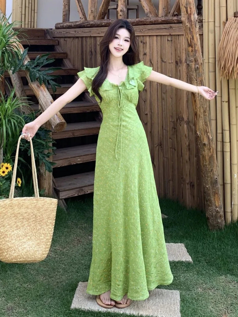 AIERTU - Summer Women's New Tea Break French High Waist Dress with High Grade Sensation, V-neck Floral Resort Style, Exquisite Long Dress Aiertu