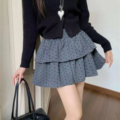 Aiertu Sweet Kawaii Mini Skirt Women Grey Korean Style Elegant Dot Short Skirts Coquette Fashion High Waist Cute Ruffle Skirt Aiertu
