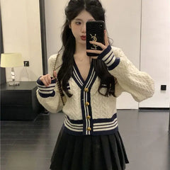 Aiertu Kawaii Korean Style Cardigan Women Elegant Sweet Knitted Sweater Cute Patchwork Casual Autumn Winter Cardigan Sweaters Aiertu