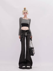 Aiertu Women's Y2k Flare Jeans Baggy Harajuku Korean Black Gothic Denim Trousers Japanese 2000s Style Jean Pants Vintage Trashy Clothes Aiertu