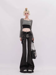 Aiertu Women's Y2k Flare Jeans Baggy Harajuku Korean Black Gothic Denim Trousers Japanese 2000s Style Jean Pants Vintage Trashy Clothes Aiertu