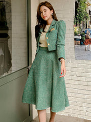 Aiertu Women Two piece Set Korean Chic French Temperament V-neck Pearl Button Puff Sleeve Short Jacket + High Waist Swing Skirt Suits Aiertu