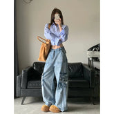 Aiertu Women's Blue Cargo Jeans Baggy Vintage High Waist Cowboy Pants Harajuku Denim Trousers 90s Y2k Japanese 2000s Style Clothes 2024 Aiertu