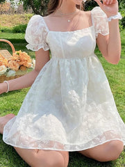 Aiertu Sweet White Princess Ball Gown Mini Dress Fairycore E-Girls Puff Short Sleeve Square Neck Short A-Line Butterfly Printing Dresse Aiertu