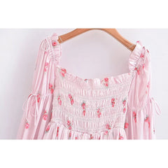 Aiertu Sweet Pink Floral Print Satin Sexy Off Shoulder Dress Women Long Sleeve Holiday Party Mini Dresses Princess Fairy Robe Aiertu