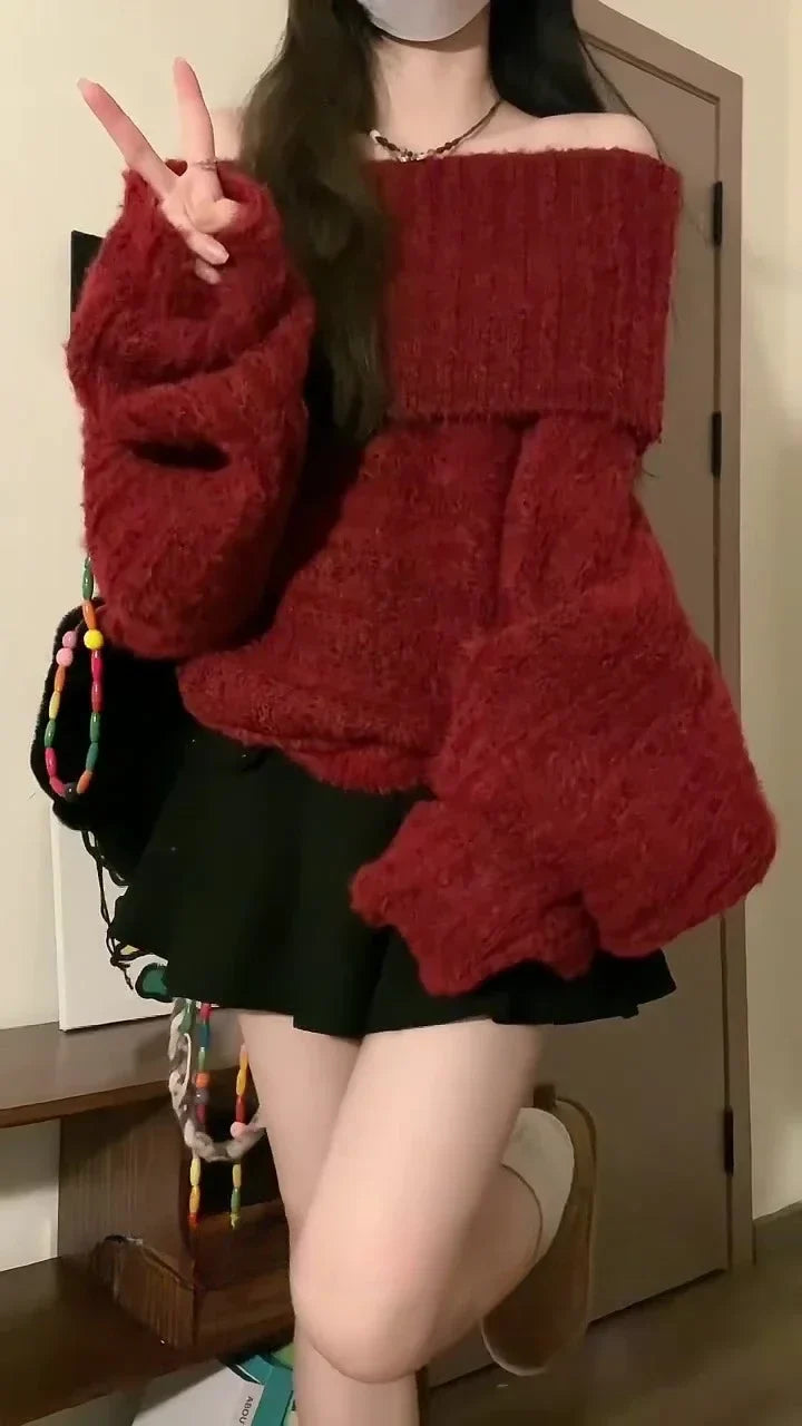 Aiertu Women Red Pullover Knitted Sweater Harajuku Y2k Long Sleeves Slash Neck Sweater Jumper Vintage 2000s Aesthetic Clothes 2024 aiertu