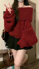 Aiertu Women Red Pullover Knitted Sweater Harajuku Y2k Long Sleeves Slash Neck Sweater Jumper Vintage 2000s Aesthetic Clothes 2024 aiertu