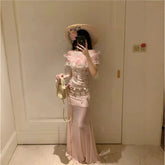 AIERTU - Summer Fashion Sweet Girl Ruffle Floral One Shoulder Top with Half Body Slimming Mesh Skirt Aiertu