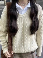 Causal Women Solid Color V-Neck Knit Sweaters Autumn Chic Elegant Long Sleeves Sweaters Vintage Female Loose Knitwear Aiertu