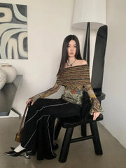 Aiertu Off Shoulder T Shirt Women Clothes Long Sleeve Indie Folk Flare Sleeve Mesh Tops Patchwork Knitted Tops Grunge Tees Y2k Aiertu