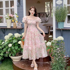 Aiertu Summer New Square Collar Pleated Long Dress French Style Butterfly Sleeve Elegant Sweet Print Dress Female Fashion Night Party Aiertu