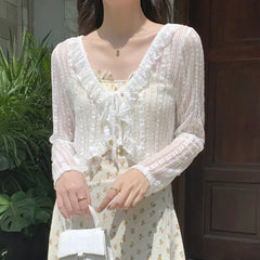 Aiertu Women Summer Sun Protection Coat Lace Bow Ruffle Cardigan Shirt Female Blouse Tops for Woman Covers Blusa White Y2K Korean Shirt Aiertu