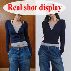 Aiertu Y2K Fake Two Piece T-Shirt Women Fashion Patchwork Aesthetic Crop Tops Female Spring Summer Slim Fit Long Sleeve Tees Aiertu