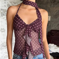 AIERTU - Vintage Polka Dot Lettuce Edge Aline Halter Tie Cami Mesh Splice Sleeveless Top For Women Party Date Night Romantic Birthday Aiertu