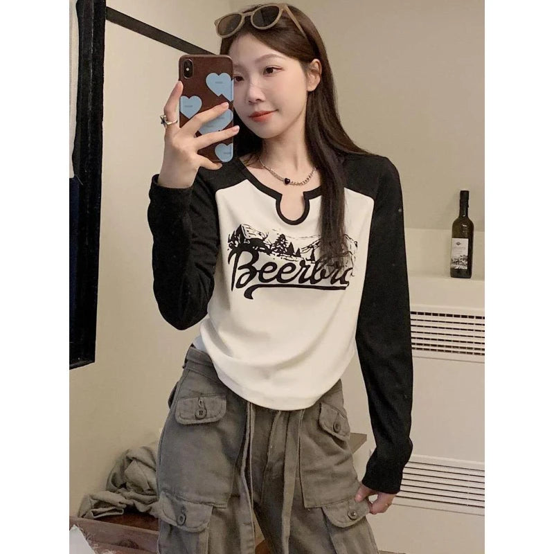 Aiertu Vintage Print T-shirts Women Harajuku Y2k Graphic Crop Tops Slim Up Fashion Patchwork Streetwear Autumn Long Sleeve Aiertu