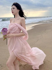 Aiertu Summer Pink Elegant Pleated High Waist Split Long Dress Women Fashion Backless Halter Strapless Fairy Dress Female 2024 Vestido Aiertu