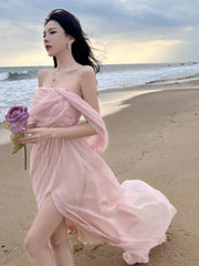 Aiertu Summer Pink Elegant Pleated High Waist Split Long Dress Women Fashion Backless Halter Strapless Fairy Dress Female 2024 Vestido Aiertu