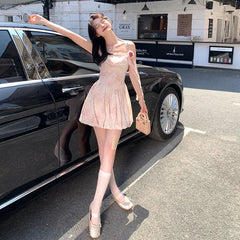 Aiertu Elegant Sleeveless Strap Mini Dress Women Beach Style Lace Dress Even Party 2024 Summer Vintage One Piece Dress Korean Fashion Aiertu