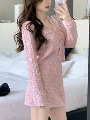 Aiertu Two Piece Dress Set Sweet Cardigan Sweater + Slim Skirt Pink Elegant Y2k Mini Dress Autumn Office Lady Casual Knitted Suits Aiertu