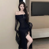 Aiertu Women Black Sexy Long Dress Off Shoulder Elegant Irregular Ruffle Split Evening Party Dresses Bodycon Gothic Lace Dress aiertu