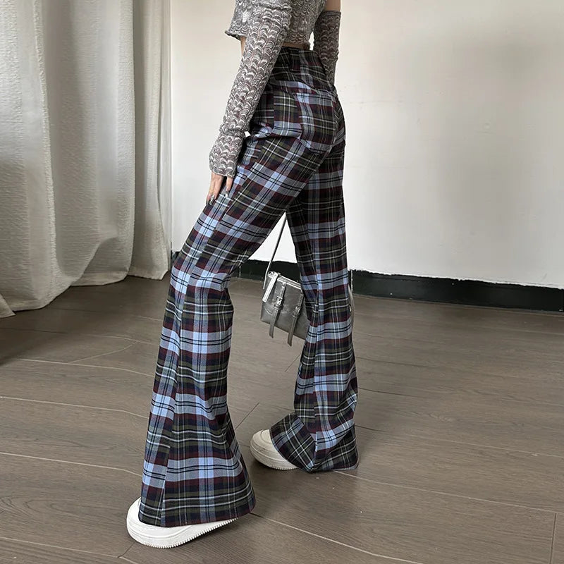 Aiertu 2024 Harajuku Vintage Plaid Print Trousers 90s Korean Fashion Streetwear High Waist Women Pants Y2k Grunge Aesthetic Flare Pants Aiertu