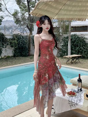 Retro Red Floral Irregular Spaghetti Straps Ruffles Midi Dress Summer Holiday Club Party Elegant Sleeveless Women Mesh Sundress Aiertu