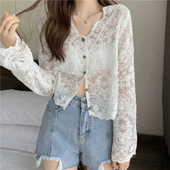 Korean Mesh Hollow Out Shirt Women Lace Sunscreen Summer Loose Sweet Cardigan Single-Breasted Chic Pretty Style Blouses Aiertu